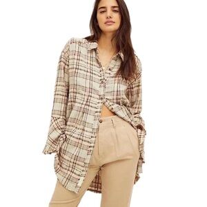 Free People | We the Free | Plaid flannel tunic button up shirt flared size XS